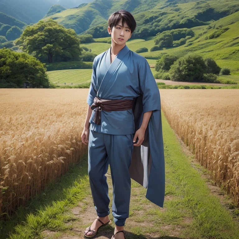 ハンサムなboy、(Photoreal:1.4),ultra high resolution, Super detailed, masterpiece, highest quality,oriental、boy、alone、game poster、kimono、pants、fields、farmer、Bust Size、