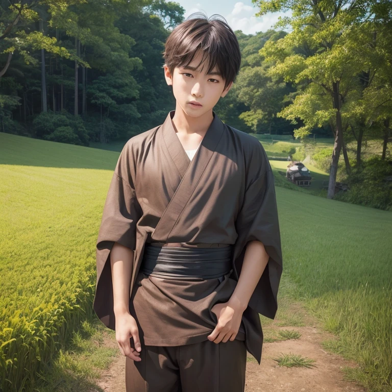 ハンサムなboy、(Photoreal:1.4),ultra high resolution, Super detailed, masterpiece, highest quality,oriental、boy、alone、game poster、kimono、pants、fields、farmer、Bust Size、