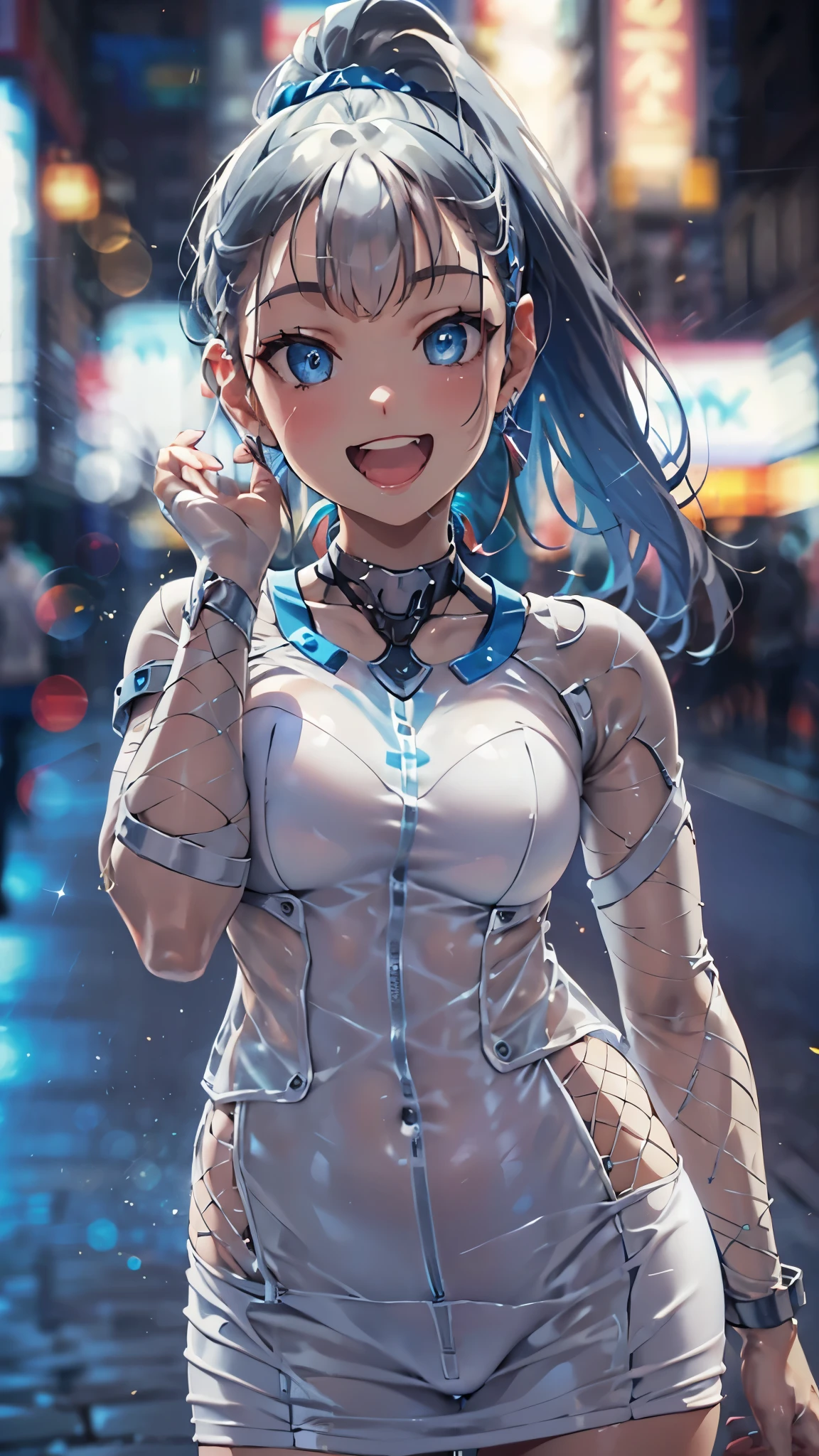 1 female,black hair,25 years old,(((blue shiny micro tight skirt)))((white tank top))(((blush、open mouth smile)),(((straight hair))),(((portrait))),crowd,,(wet with sweat)(sexy black bra and see-through tank top)(leather thigh high boots)(((big breasts)))((low ponytail))Saten Ruiko