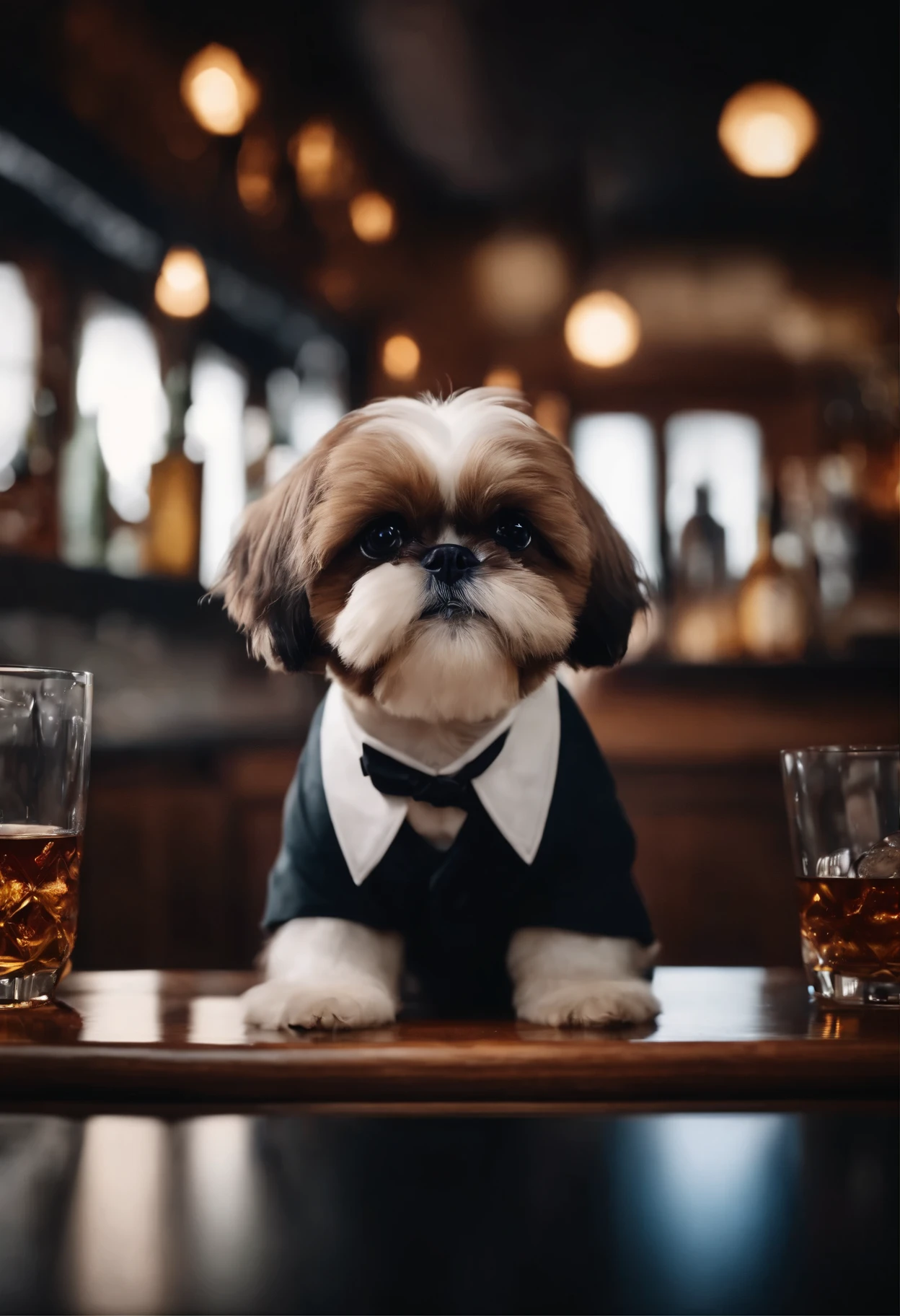simple background,surreal,hyper detail,Shih Tzu sitting at the bar counter,Shih Tzu wearing glasses、Whiskey glasses、Dishes for dog food、antique、SF,Watch everywhere,Highly detailed surreal VFX,impurities,vision,super fine,Super detailed,high quality,8K ,OC rendering,dynamic viewing angle