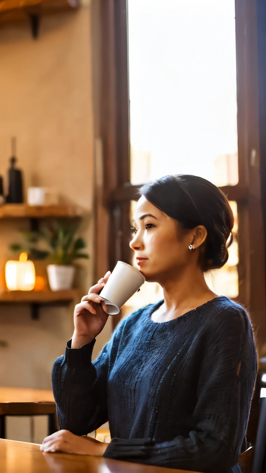 Lady sipping coffee, coffee shop