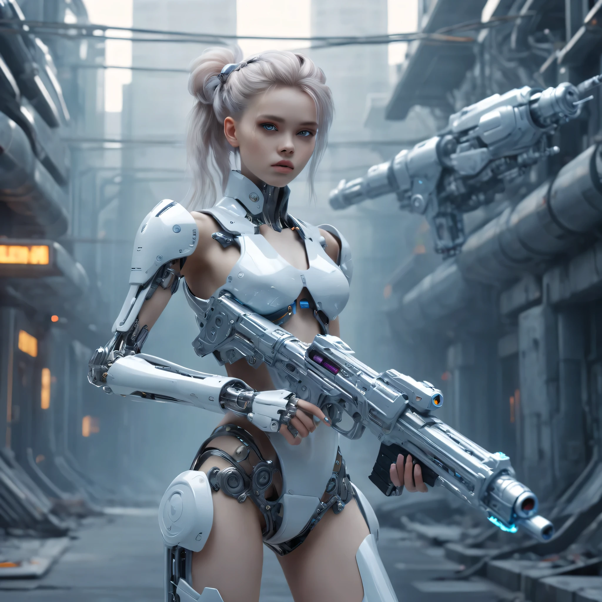 Translucent ethereal mechanical girl holding a big futuristic gun,Futuristic girl,Mechanical jointecha-girl,futuristic urban background, hd, 8k