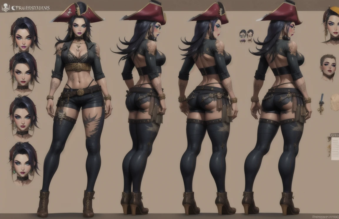 (The concept character sheet of a strong, attractive, and hot woman pirate, full body, pirate style, combat position, pirate age, wearing hat) (Full of details, frontal body view, back body view), Highly detailed, Depth, Many parts, ((Masterpiece, Highest quality)), 8k, Detailed face, scars, serious expression. Infographic drawing. Multiple sexy poses. tattoos,3d, choker