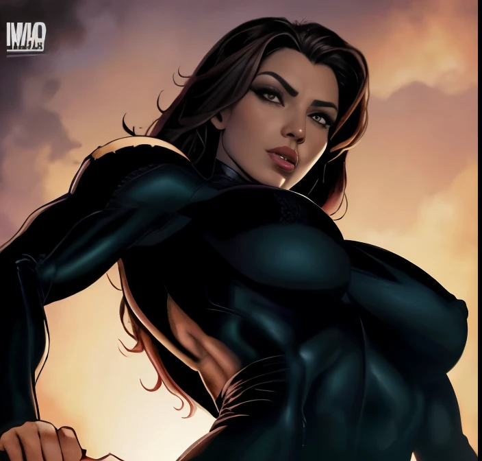 um desenho de uma mulher de terno preto, cabelo ruivo e rosto de homem-aranha, inspired por Ryan Stegman, Simbionte, veneno, black Widow, venenoized, threatening!!!, maravilha, por Ryan Stegman, personagem de quadrinhos, mulher aranha!!!!!, mulher aranha!!, comic, veneno Simbionte, threatening!, Maria Jane, maravilhaous expression