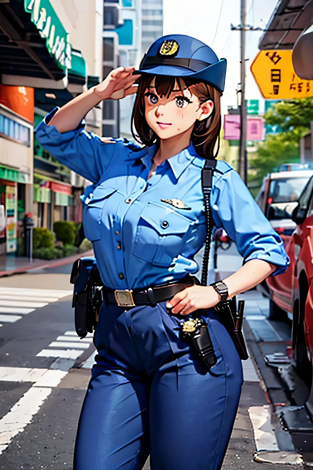 large breasts,police uniform, light blue shirt, blue pants, breast pocket, best quality, masterpiece,blue cap,black belt,policewoman,jp-police,brown hair