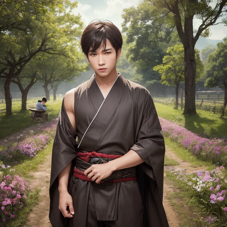 ハンサムなboy、(Photoreal:1.4),ultra high resolution, Super detailed, masterpiece, highest quality,oriental、boy、alone、game poster、kimono、pants、fields、farmer、