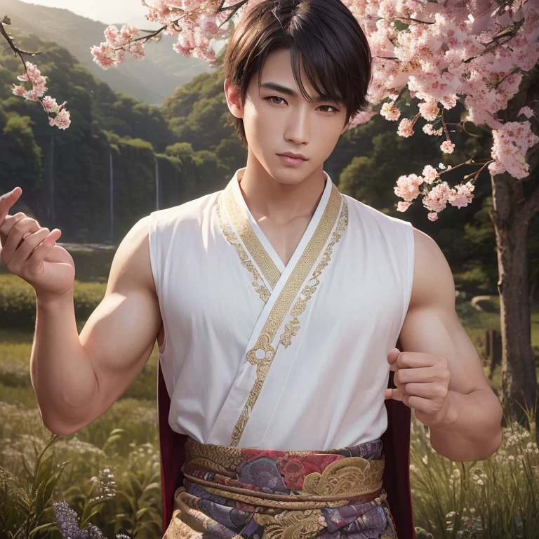 good looking、(Photoreal:1.4),ultra high resolution, Super detailed, masterpiece, highest quality,oriental、boy、alone、game poster、kimono、pants、fields、farmer、(Upper body:1.3)