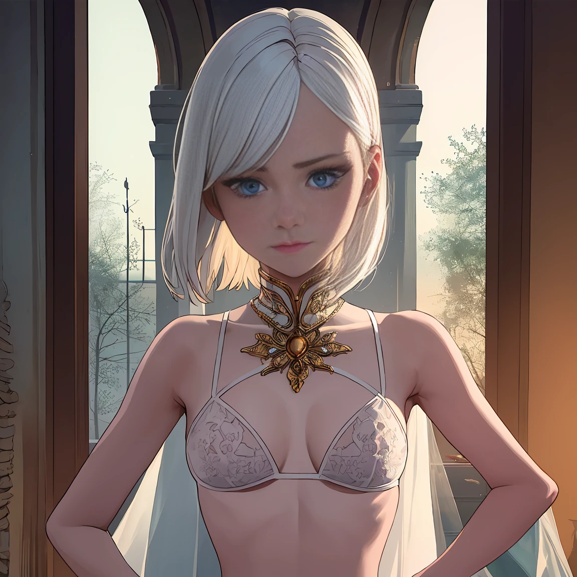 1 boy, 1 girl, crop top, behind, to frown, Glucose, like in lore the hair between the eyes, on the beach, Sun, Palma, Jewelry, pomade, Looking at the viewer, draw up, sexuality, in a bra, in a bikini,  portrait, smile, One, Toes, naked body, armpits, Upper body, White hair (cienatic look:1.4), soothing tones, crazy details, complex parts, hyper-detailed, low contrast, soft cinematic light, dull colors, exposure mixture, HDR, faded, slate gray atmosphere