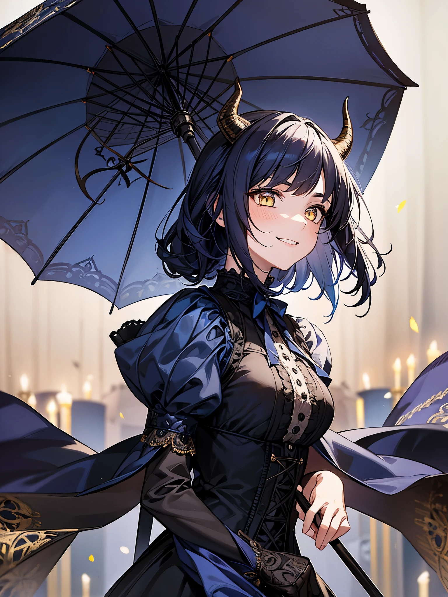 1girl, victorian dress in blue and black, long dark blue hair, yellow eyes, young girl, no breasts, big black victorian umbrella, dynamic pose, (masterpiece),(intricate details), highly detailed, extremely detailed art, extremely detailed face, extremely detailed eyes, dynamic pose, dark background, stars, [[delicate horns]], horned, horns, smiling, [[young girl]], [[modest dress]], girl, young