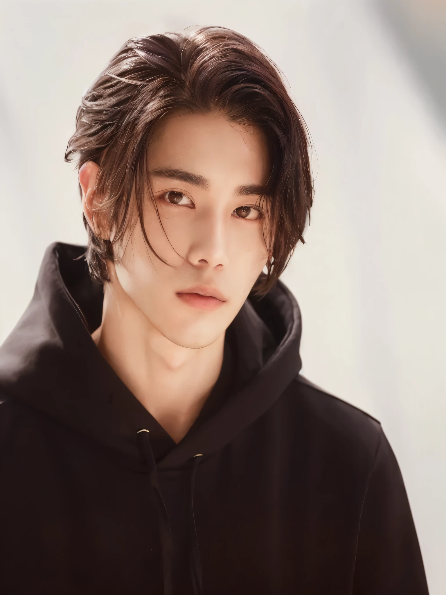 arafed image of a young man with a hoodie looking at the camera, cai xukun, inspired by Zhang Han, jung jaehyun, yanjun chengt, by Yang J, jinyoung shin, by Ni Tian, beautiful androgynous prince, korean artist, lu ji, male ulzzang, a handsome man,black short hair, young wan angel
