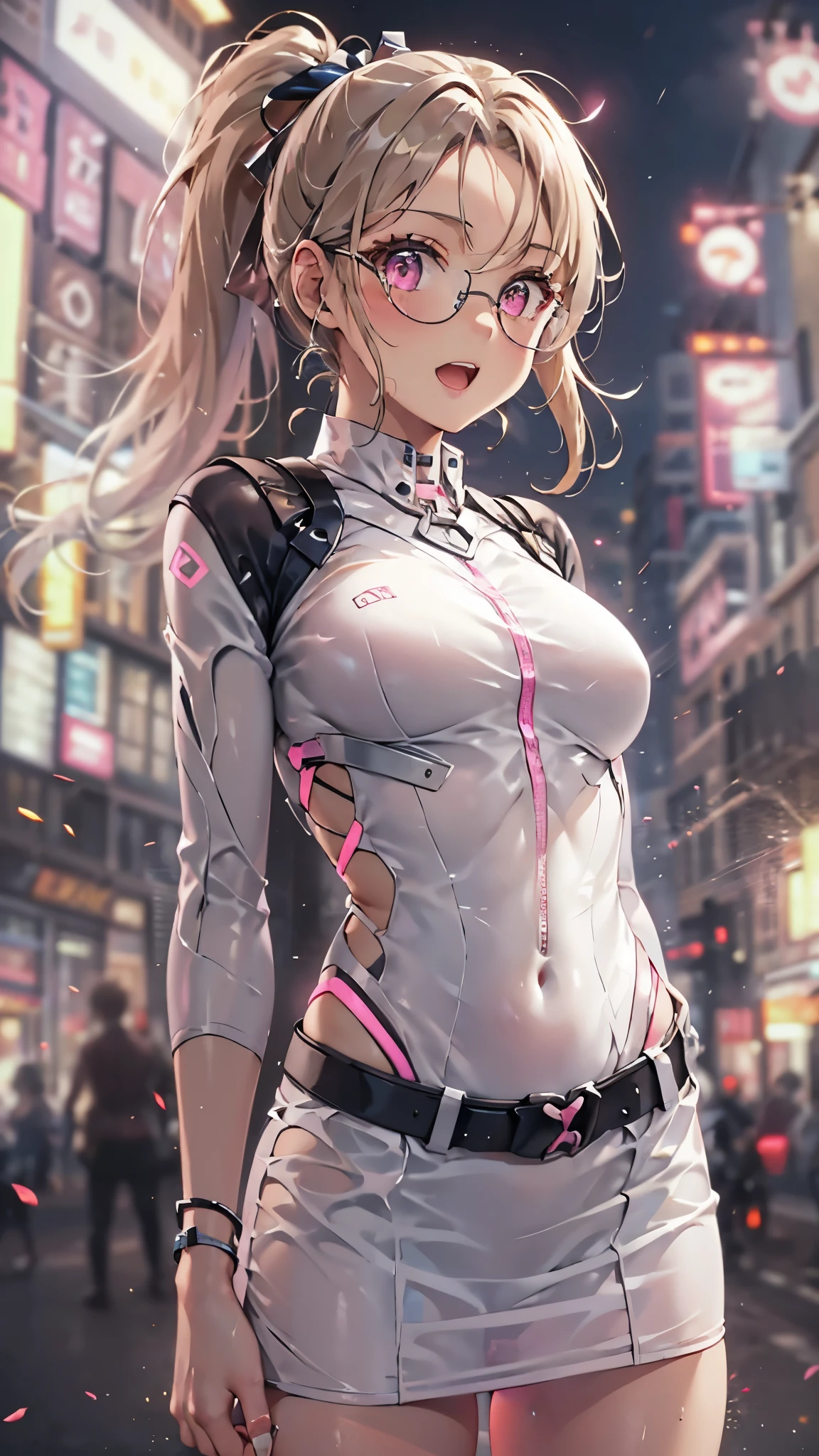woman,14 years old,,city,night,(((White and pink tight miniskirt bodysuit))),,open mouth smile((See-through))glasses,((beautiful long ponytail)),((Baby girl body shape))((blonde))