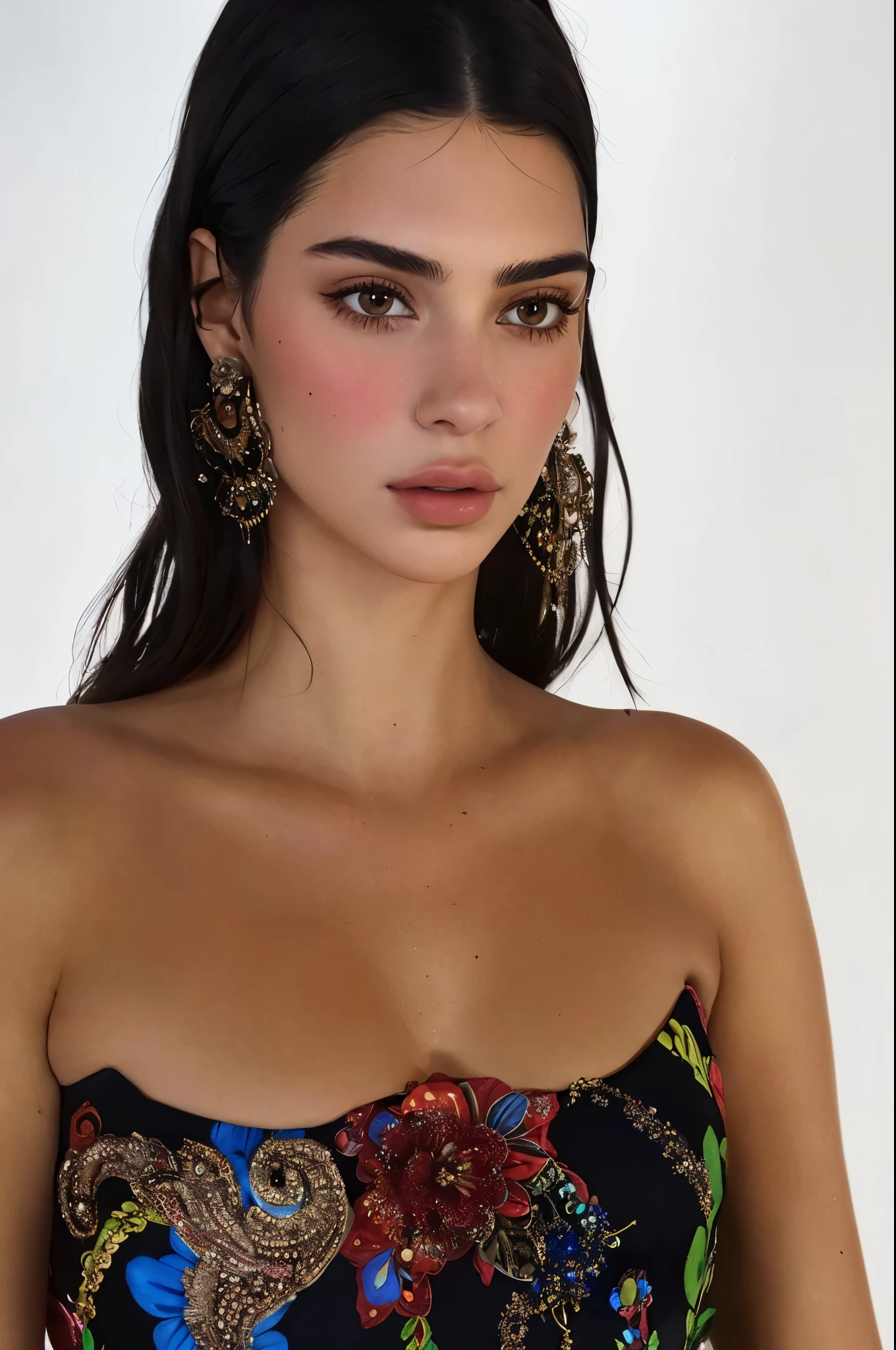 un primer plano de una mujer que llevaba un vestido con un estampado floral, Kendall Jenner, wearing ornate Aretes, Dua Lipa, portrait Emily Ratajkowski, long Aretes, big Aretes, huge Aretes, belleza asombrosa, Aretes, foto de la bella gal gadot, belleza asombrosa, huge Aretes and queer make up, Emily Ratajkowski, Arete, Kendall Jenner