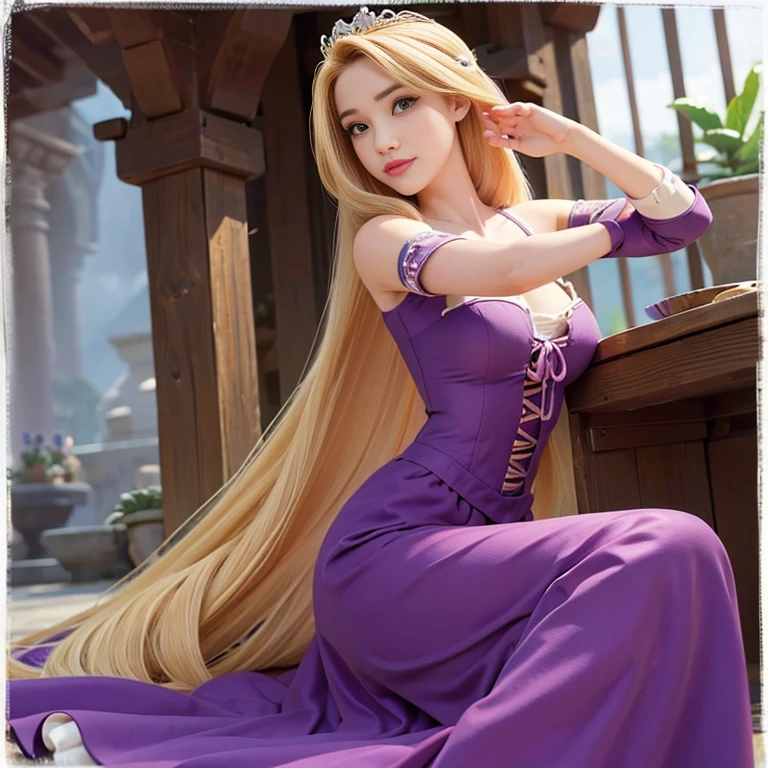 Princesa rubia, senos gigantes, escotada, vestido morado, pelo largo, seductora