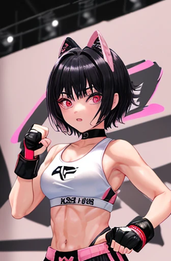  Japanese female mixed martial artist。muscle。six pack。black hair short cut。Strong-willed eyes。As a ring costume、white sports bra with pink trim（MAI is written in pink letters.）and shorts、Wearing open finger gloves。