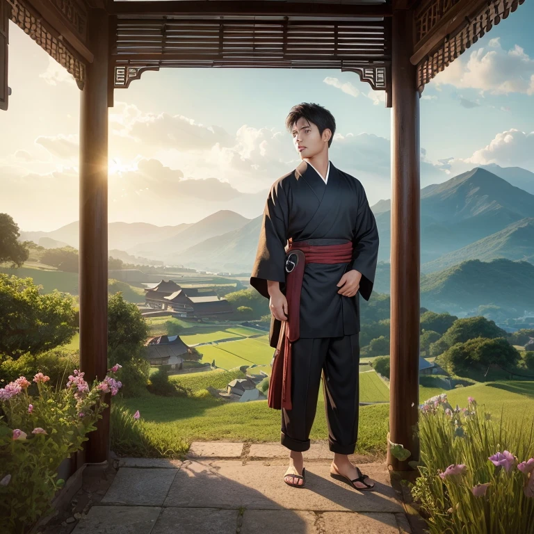 good looking、(Photoreal:1.4),ultra high resolution, Super detailed, masterpiece, highest quality,oriental、boy、alone、game poster、Plain kimono、pants、fields、farmer、