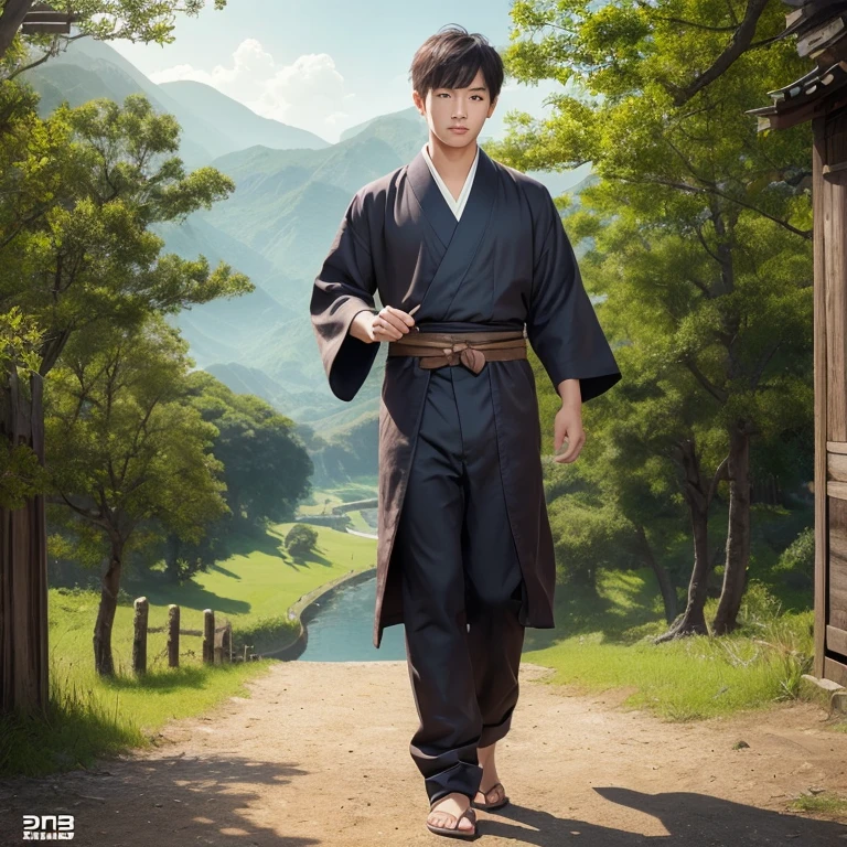 good looking、(Photoreal:1.4),ultra high resolution, Super detailed, masterpiece, highest quality,oriental、boy、alone、game poster、Plain kimono、pants、fields、farmer、
