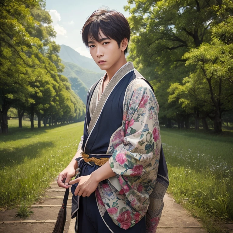 good looking、(Photoreal:1.4),ultra high resolution, Super detailed, masterpiece, highest quality,oriental、boy、alone、game poster、Plain kimono、pants、fields、farmer、
