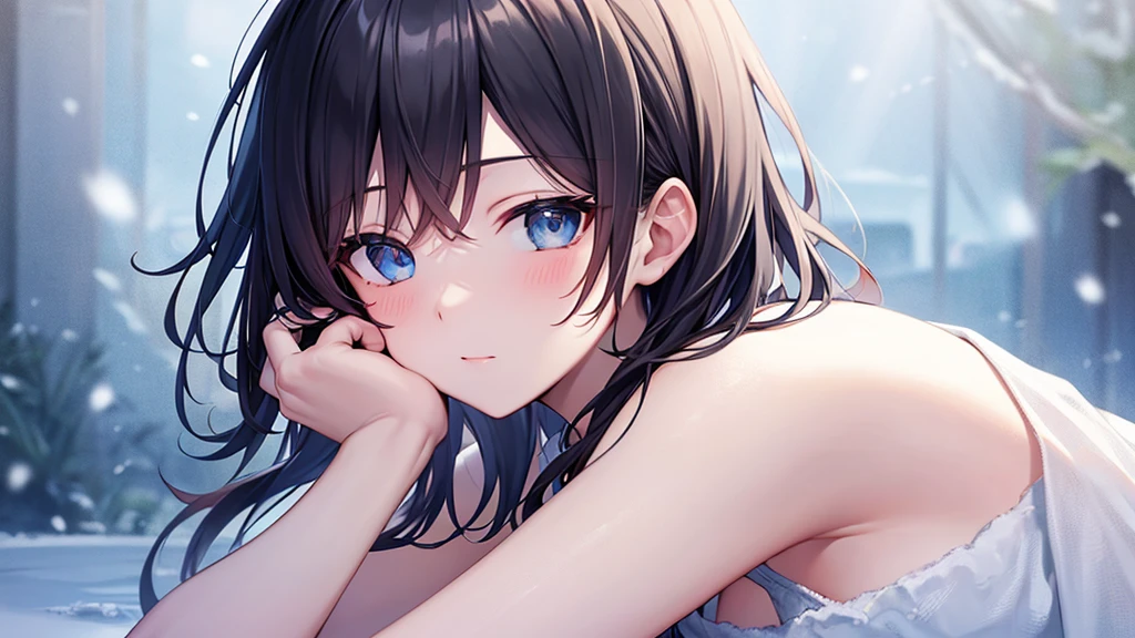 super high quality, with a girl, 20-year-old, very short hair, long bangs between the eyes, pale blue eyes , blue sky, sunlight, very detailed,(masterpiece、highest quality)、alone、gray hair、White skin as clear as snow、fantasy, silver hair, black eye, beautiful eyes,, ecstasy, charm, be smitten with audience, fantasyな風景