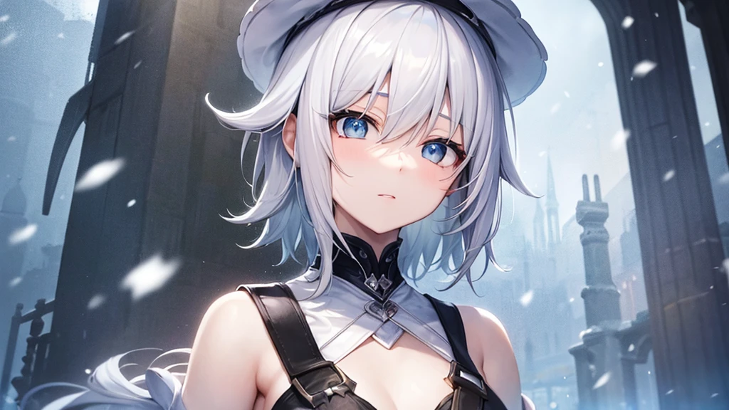 super high quality, with a girl, 20-year-old, very short hair, long bangs between the eyes, pale blue eyes , blue sky, sunlight, very detailed,(masterpiece、highest quality)、alone、gray hair、White skin as clear as snow、fantasy, silver hair, black eye, beautiful eyes,, ecstasy, charm, be smitten with audience, fantasyな風景