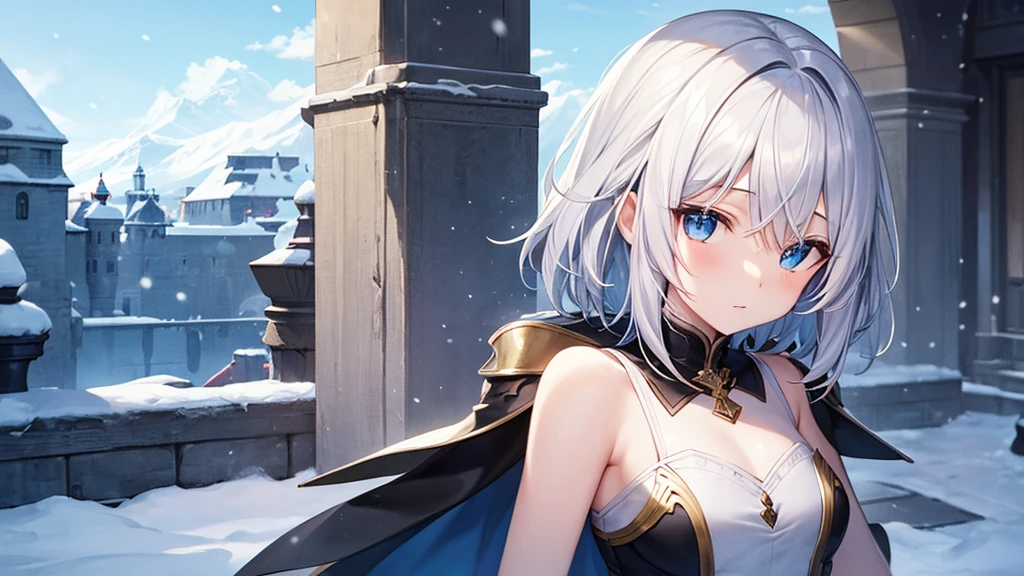 super high quality, with a girl, 20-year-old, very short hair, long bangs between the eyes, pale blue eyes , blue sky, sunlight, very detailed,(masterpiece、highest quality)、alone、gray hair、White skin as clear as snow、fantasy, silver hair, black eye, beautiful eyes,, ecstasy, charm, be smitten with audience, fantasyな風景