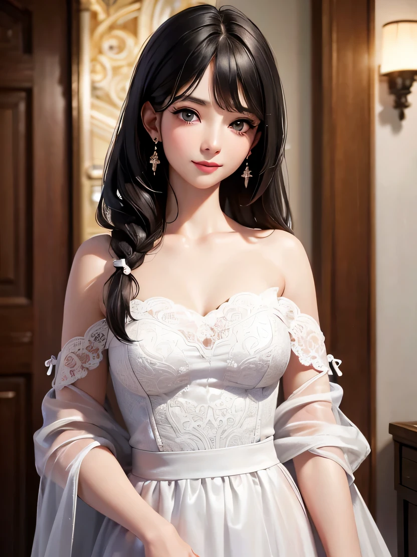 ((masterpiece、highest quality、genuine、Super detailed、High resolution、photogenuineistic、sharp focus、genuineistic photo、Live shooting、cinematic lighting))、1 beautiful woman、4/5 shots、straight hairstyle、black hair、glowing skin、light smile、close your mouth、Off-shoulder see-through white long dress、earrings、Highly detailed face and skin texture、focus on face、fine eyes、detailed hand drawing、looking at the viewer、luxury room in the house