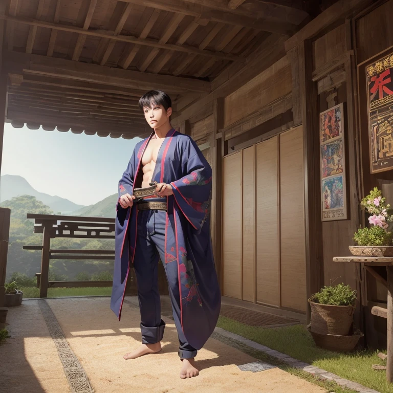 good looking、(Photoreal:1.4),ultra high resolution, Super detailed, masterpiece, highest quality,oriental、boy、alone、game poster、Plain kimono、pants、farmer、