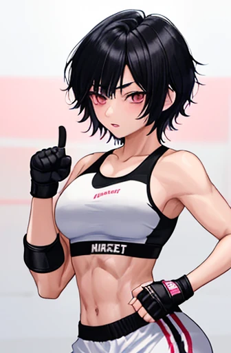  Japanese female mixed martial artist。muscle。six pack。black hair short cut。Strong-willed eyes。As a ring costume、White sports bra and wrestling pants with pink trim、Wearing open finger gloves。