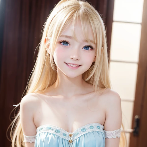 one very beautiful cute young girl、、((very happy smile ))、Embarrassed blush、shiny skin、 Very beautiful cute face、Shiny and very beautiful pure white skin、Very beautiful and cute light blue eyes、Beautiful very long shiny blonde hair with golden shine、Beautiful cute bright look、Clear double eyelids