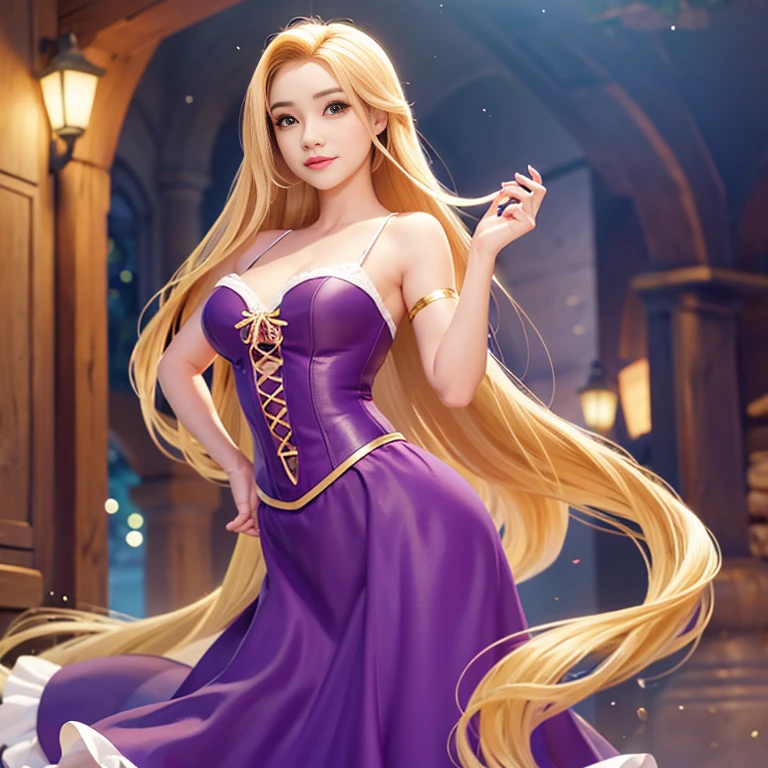 Princesa rubia, toma frontal, ((senos gigantescos exhibidos con escote)), escotada, vestido morado, pelo largo, seductora, belleza con pechos desproporcionados