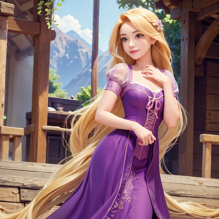 Princesa rubia, toma frontal, ((senos gigantescos exhibidos con escote)), escotada, vestido morado, pelo largo, seductora, belleza con pechos desproporcionados