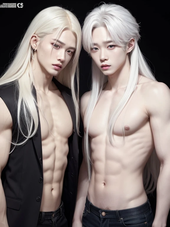 two albino men without shirt, kpop, kpop idol, one of them with long hair, white haired guys