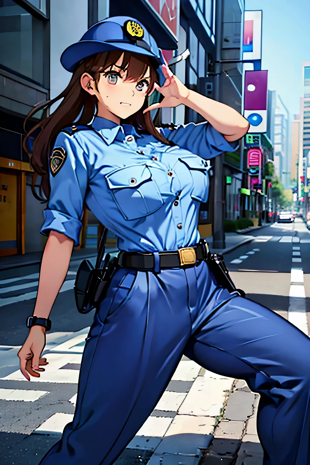 large breasts,police uniform, light blue shirt, blue pants, breast pocket, best quality, masterpiece,blue cap,black belt,policewoman,jp-police,brown hair