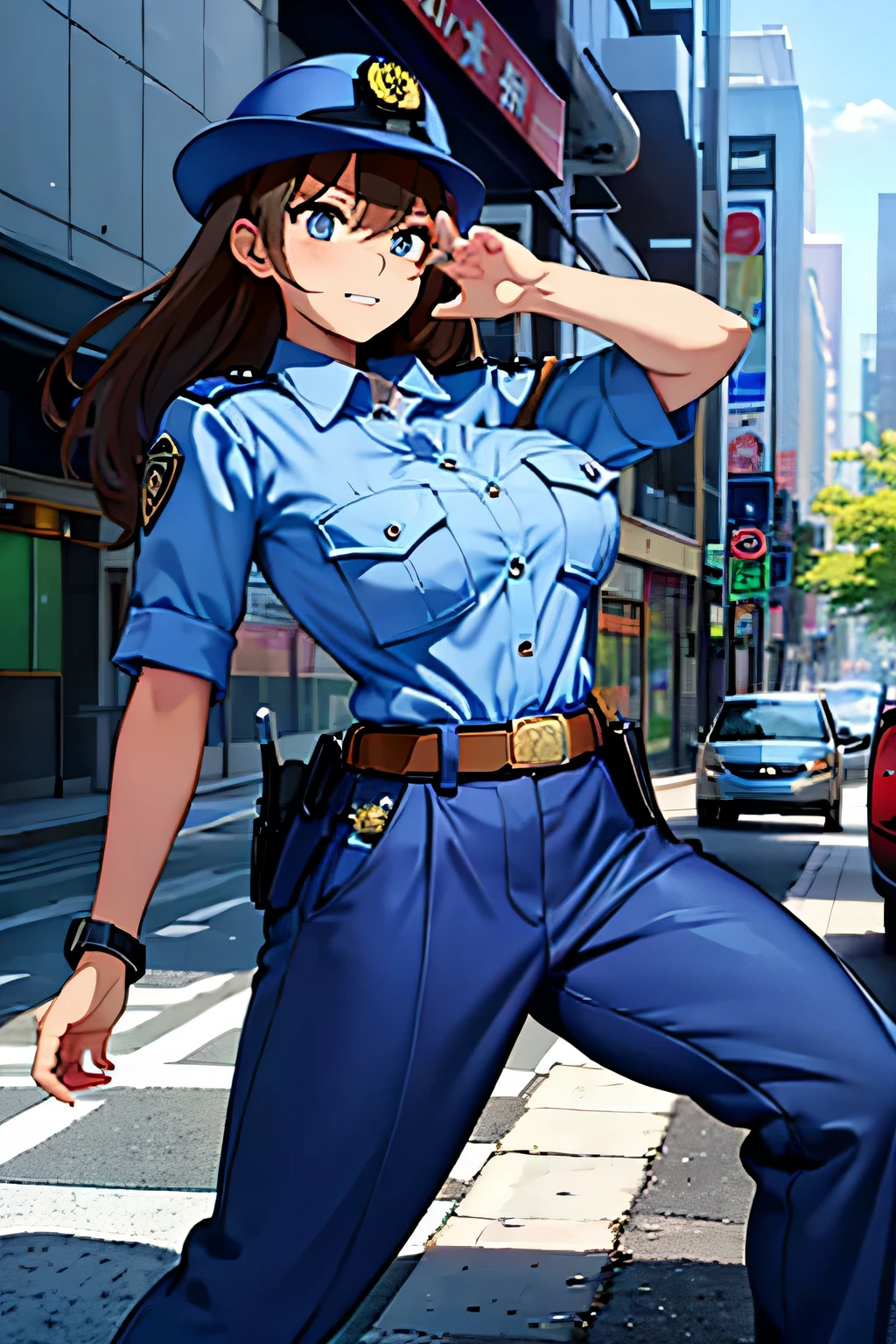 large breasts,police uniform, light blue shirt, blue pants, breast pocket, best quality, masterpiece,blue cap,black belt,policewoman,jp-police,brown hair