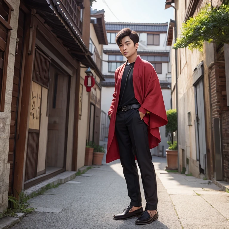good looking、(Photoreal:1.4),ultra high resolution, Super detailed, masterpiece, highest quality,oriental、boy、alone、game poster、Plain kimono、pants、