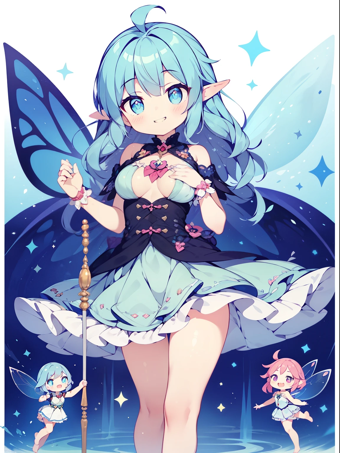 (five fairy girls:1.2), (More than one person:1.2),(10 year old girl)、Young girls、big breasts、 table top, nffsw、shader、highly detailed eyes、blue hair、long hair、silky hair、ultra-intricate pupil in eyes、fairy wings、Mini skirt dress(Isshiki、Simple design、Plain color)、highest quality、bright colors、Bust 100、Standing picture of the game、Pose that emphasizes the chest、rub your chest、vapor、panty shot、thin legs、barefoot、bare hands、stinky eyes、grinning expression、eyes half closed、open your mouth、Mr.々Position、fold your hands behind your back、Hide your hands、evil smile、Showing the soles of the feet