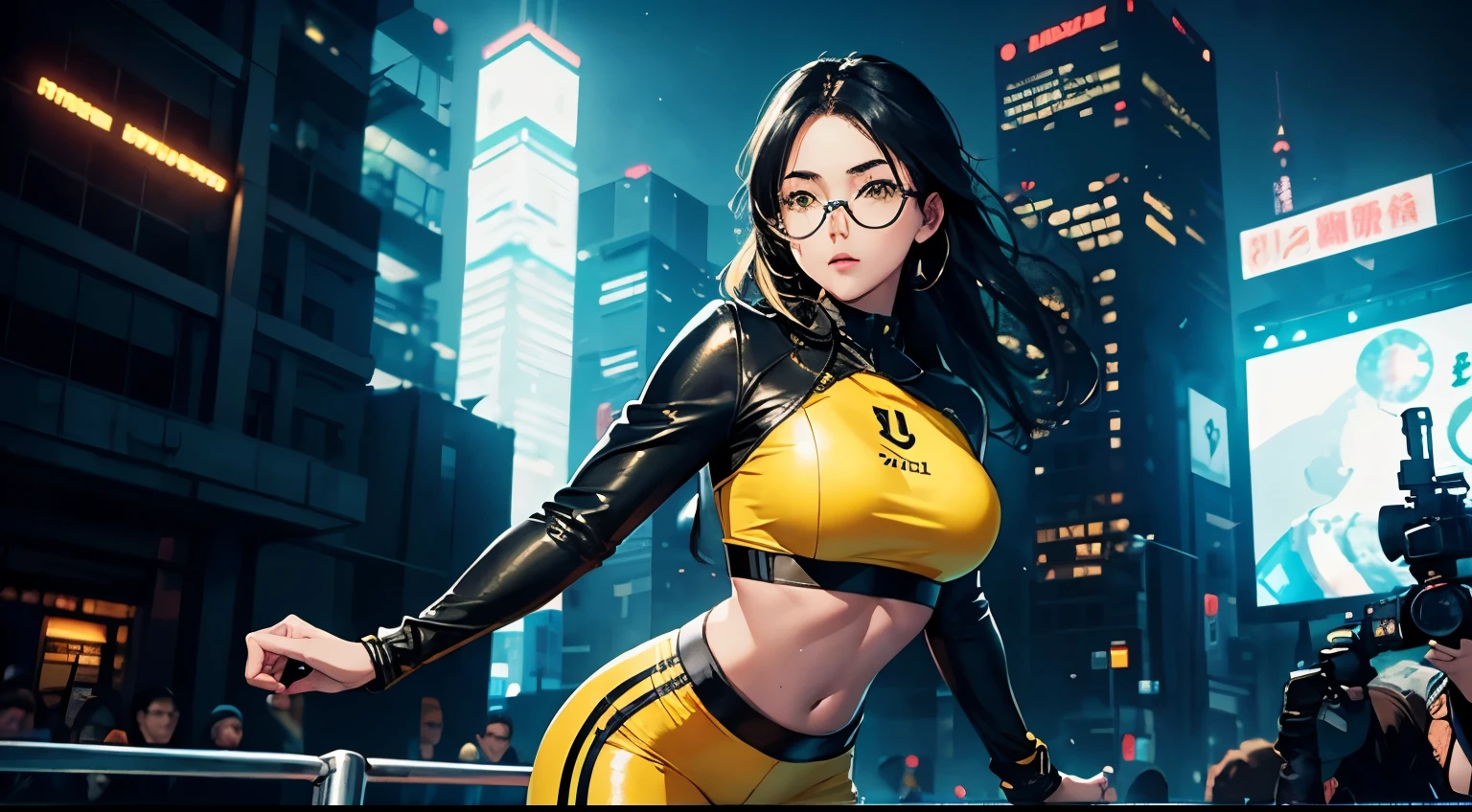 4K, A high resolution, Best quality at best, masterpiece, perfect colors, perfect shadow, perfect litthing, ((sportrait)), 1woman, fit-muscled body, bright yellow eyes,dark blue hair , blue eyes, With round lenses, The audience watched carefully, (s face: 1.2), Perfect female figure, ((standing)), ((yellow Tight crop top leather suit)), ((shy and looking at viewert)), (Perfect thick white eyebrows) Delicate fur, 详细s face, s the perfect face, At a fantasy cyberpunk city , (model pose standing), energetic background, perfect city skyscape, lighting atmosphere, ((Bonifasko lighting)), (The round lenses on his eyes)(詳細な目), Perfect student, face close up