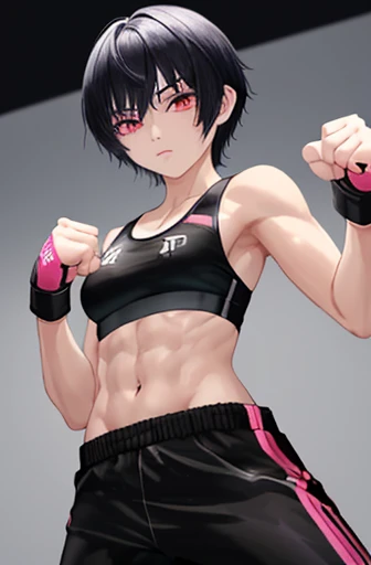 16 year old Japanese female mixed martial artist。muscle。six pack。black hair short cut。Strong-willed eyes。As a ring costume、White sports bra and pants with pink trim、Wearing open finger gloves。