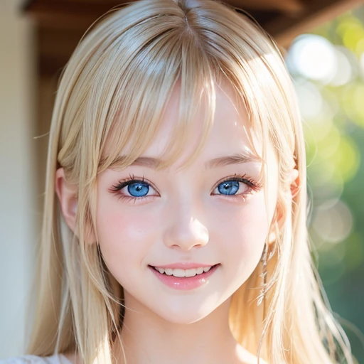 one very beautiful young girl、16 years old、((very happy smile ))、Embarrassed blush、shiny skin、 very beautiful face、Shiny and very beautiful pure white skin、Very beautiful and cute light blue eyes、Beautiful very long shiny blonde hair with golden shine、Beautiful cute bright look、Clear double eyelids