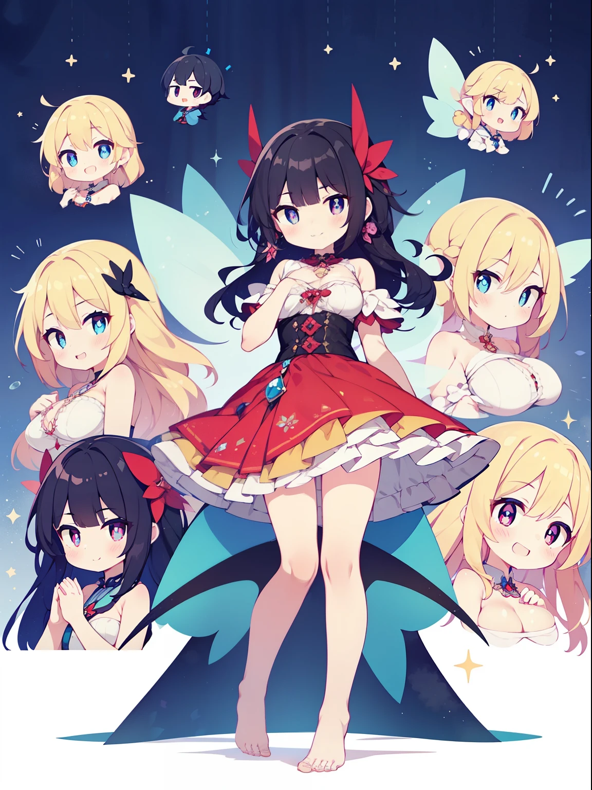 (five fairy girls:1.2), (More than one person:1.2),(10 year old girl)、Young girls、Lots of girls、big breasts、 table top, nffsw、shader、highly detailed eyes、blue hair、red hair、blonde、black hair、long hair、silky hair、ultra-intricate pupil in eyes、fairy wings、Mini skirt dress(Isshiki、Simple design、Plain color)、highest quality、bright colors、Bust 100、Standing picture of the game、Pose that emphasizes the chest、rub your chest、vapor、panty shot、thin legs、barefoot、bare hands、stinky eyes、grinning expression、eyes half closed、open your mouth、Mr.々Position、fold your hands behind your back、Hide your hands、evil smile、Showing the soles of the feet