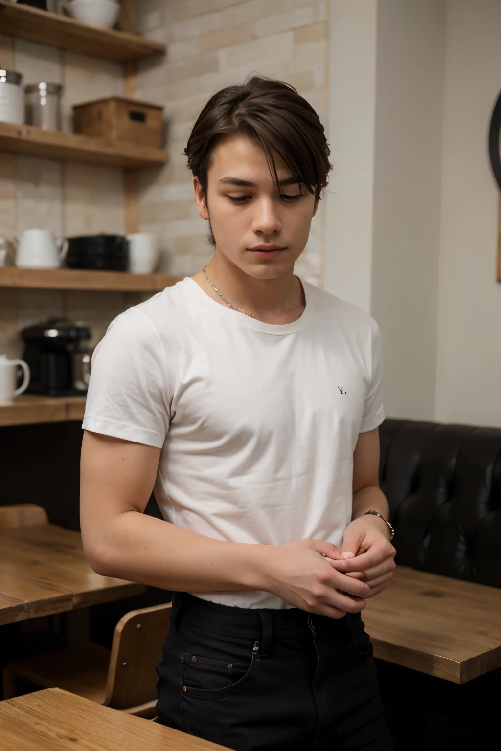 Young man with shirt in a cafe.
