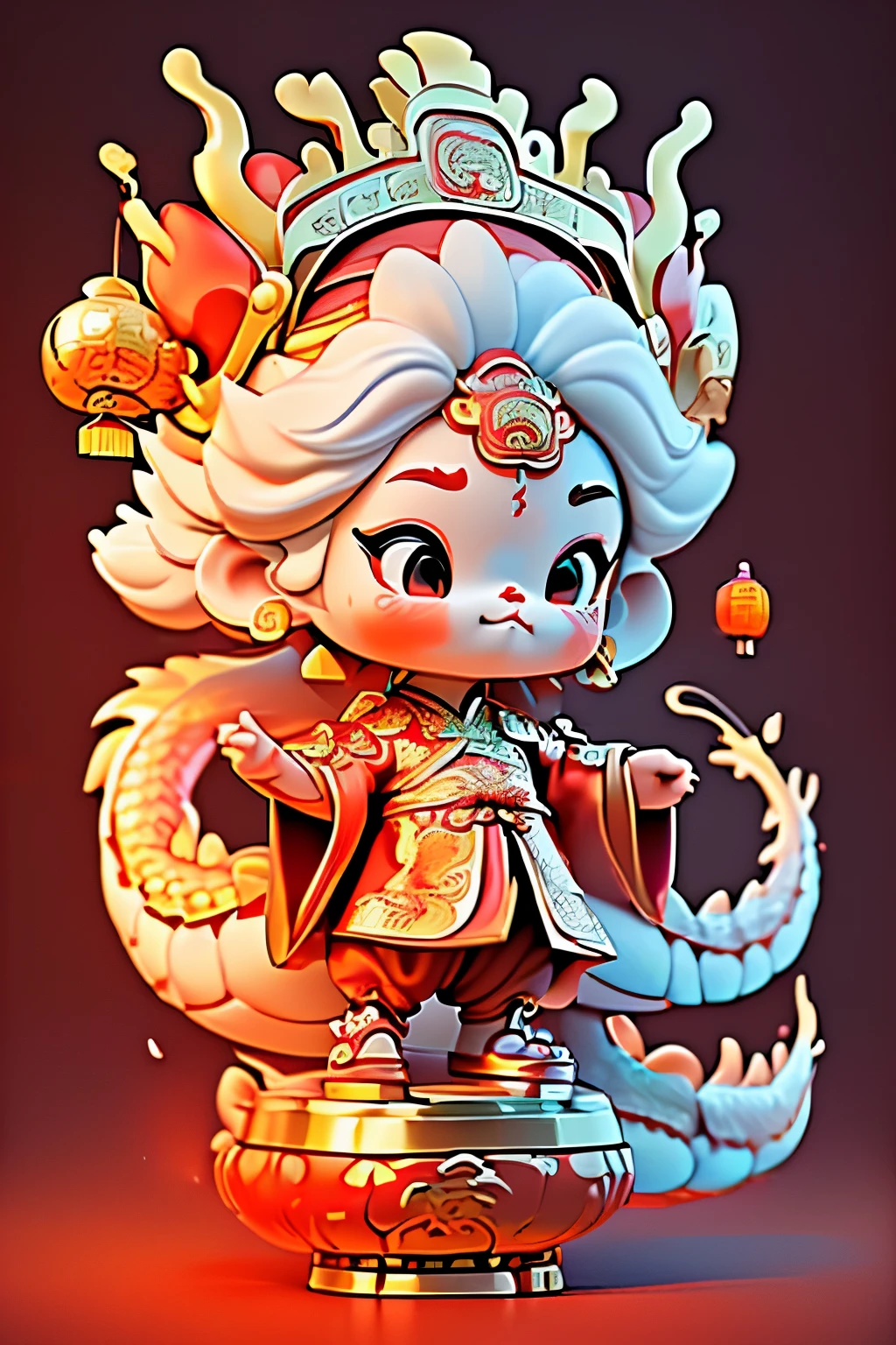 chinese new year,Game character design，3D character rendering，(((Vector illustration style)))，((1 girl，The image of the God of Wealth baby can be designed as a child wearing a gorgeous Chinese red costume，Gold cloud and dragon patterns can be embroidered on clothes，Shows the meaning of wealth and prosperity))，((lack of expressiveness：The God of Wealth baby has a kind and confident expression，The eyes are full of wisdom，the corners of your mouth rise slightly，It gives a sense of peace of mind))，((Let's go：Baby God of Wealth holds an ingot of gold ingot in hand，Symbolizes good luck)，((The God of Wealth’s hair can be designed into a red official hat，A ruby can be set in the hat，Demonstrate authority and dignity)), (((Stood up，Chinese Xiangyun cloth shoes: 1.8, Glowing lines or orange LED light effect))), (Full body photo: 1.5), ((Chinese element background，Auspicious cloud background)), (Perspectives, first person perspective, Ghibli-style colors, Luminism, 灯光, hyper HD, tmasterpiece, acurate, Anatomically correct, ctextured skin, super detailing, high detal, high qulity, Award-Awarded, Best quality at best, 16k), Pop Mart blind box, 3 Rendering，