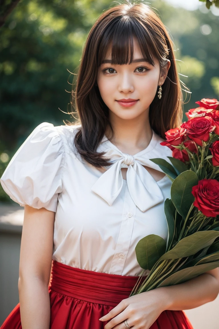 Medium view, medium shot, Depth of bounds written, bust, Upper body, cinematic angle, masterpiece, highest quality, Super detailed, cg, 8k wallpaper, beautiful face, delicate eyes, maiden, alone, smile, bangs, skirt, shirt, have, Crimson dress, bow, petal, bouquet