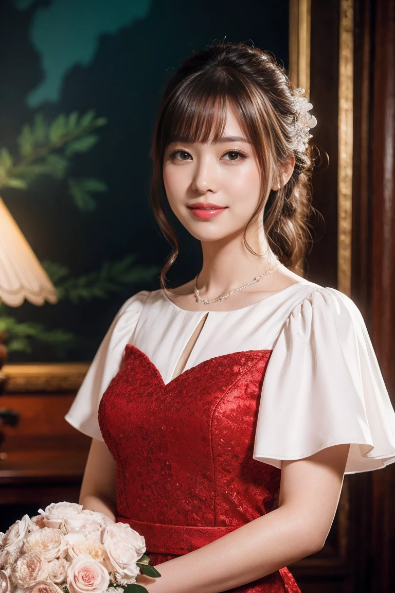 Medium view, medium shot, Depth of bounds written, bust, Upper body, cinematic angle, masterpiece, highest quality, Super detailed, cg, 8k wallpaper, beautiful face, delicate eyes, maiden, alone, smile, bangs, skirt, shirt, have, Crimson dress, bow, petal, bouquet