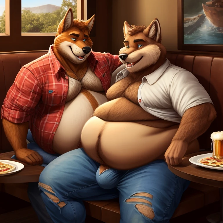 2 Male, two males, mates, father and son, young and older, incest, male on male, twosome, couple, duo, eating food, eating all you can eat, eating contest, feeding, feeder, feedee, force feeding, shoving food in mouth, gainer, gainerart, anthro, Orange Fox, older male, relaxed expression, happy expression, brown chest fur, buffet restaurant, buffet line, wearing pants, denim jeans, button popping, bursting out of clothes, bursting out of shirt, pants pulled down, button up shirt, open shirt, torn clothing, ripped, tattered, raggedy clothes, massive bulge, (tenting(pants)), (outstretched pants), (male genitalia outline(pants)), erection, (fully-erect), food in background, pizza, fried chicken, pasta, cake, doughnuts, plies of food, stacks of plates, lazy, slob, stained fur, stains, detailed lighting, brown chest tuft, ruffled fur, musclegut, belly, beer belly, (overweight:2.5), sitting in a booth, framed pictures in background, beer, drunk, intoxicated, focus on belly, stuffed, full belly, rubbing belly, weight gain, obese, muscular arms, detailed belly, detailed hands, attractive, body hair, (detailed genitals), (hairy chest), facial hair, scruff, ruffled fur, (detailed genital outline), snout, long snout, teeth, perfect eyes, mature male, parent and son, incest, father figure, dad, dilf, daddy, dad bod, fangs, wide waist, broad shoulders, strong thighs, canine teeth, white teeth, detailed hands, big bulge, detailed crotch, dramatic lighting 