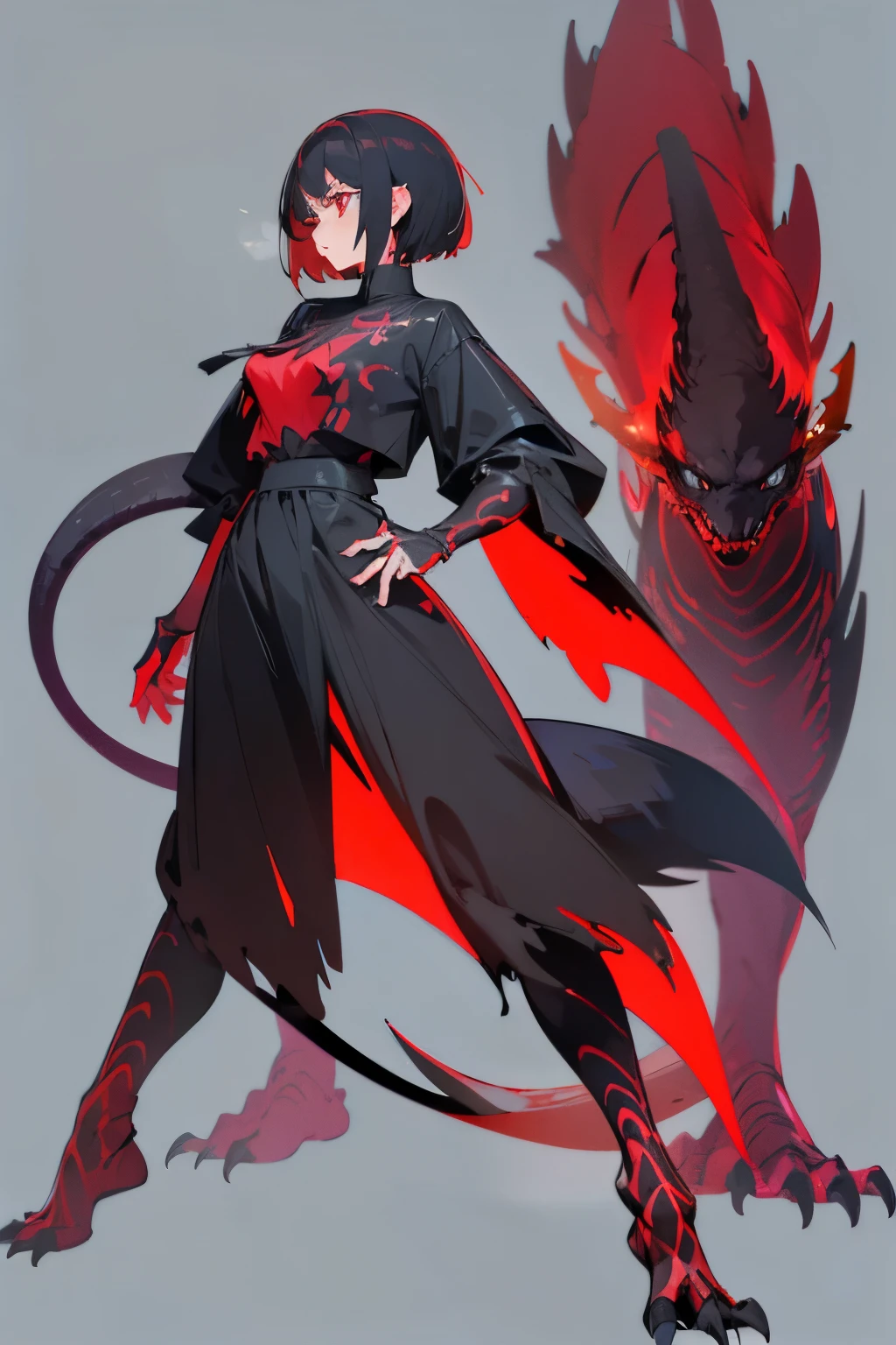 1 girl, girl with blak hair, adult features, mature girl, has dinosaur tail, dinosaur aesthetic, red eyes, clothes ahve subtle dinosaur patterns, tail is long and scaley and swinging around, character design, character design sheet, velociraptor. character standing pose. full body. no dynamic lighting, no dynamic posing. black red and white color scheme on character outfit. short hair like wolf cut. black hair with red highlights, mature facial features,