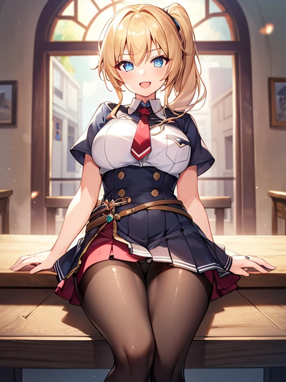 (1 girl in:1.2), (alone:1.2), on the table, north african trade zone、Shaders、Excellent texture work、super detailed eyes、The pupils in the eyes are extremely complex、top quality、Princess、one blonde、very Bigger breasts、Anime school uniform、Double ponytail、四肢thin弱、thin、Roll up the waist、Model body shape、valley、Tsundere eyes、smile、open mouth、arms crossed、chest pocket、mini skirt、pantyhose、garters、boots、standing pictures、lens flare, edge lighting, backlight, Color difference, RTX,