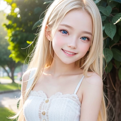 one very cute young girl、、((very happy smile ))、Embarrassed blush、shiny skin、 very cute face、Shiny and very beautiful pure white skin、Very beautiful and cute light blue eyes、Beautiful very long shiny blonde hair with golden shine、Beautiful cute bright look、Clear double eyelids