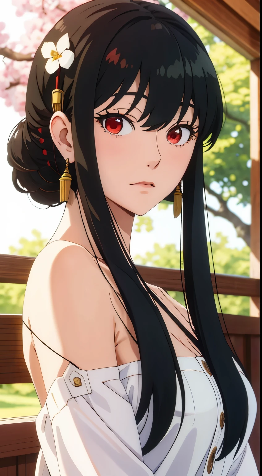 nude, Youghal, (Mature,  bangs, side lock, red eyes, black hair, hair ornaments, Popping milk 3),girl portrait, (face:1.2), Female student, 笑face,bare shoulders, black hair, Cherry Blossom), willow branches, (Masterpiece of the highest quality :1.2),  NSFW