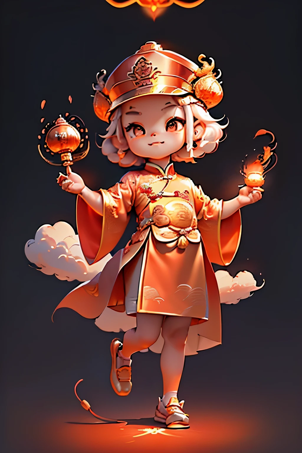 chinese new year,Game character design，3D character rendering，(((Vector illustration style)))，((1 girl，The image of the God of Wealth baby can be designed as a child wearing a gorgeous Chinese red costume，Gold cloud and dragon patterns can be embroidered on clothes，Shows the meaning of wealth and prosperity))，((lack of expressiveness：The God of Wealth baby has a kind and confident expression，The eyes are full of wisdom，the corners of your mouth rise slightly，It gives a sense of peace of mind))，((Let's go：Baby God of Wealth holds an ingot of gold ingot in hand，Symbolizes good luck)，((The God of Wealth’s hair can be designed into a red official hat，A ruby can be set in the hat，Demonstrate authority and dignity)), (((Stood up，Chinese Xiangyun cloth shoes: 1.8, Glowing lines or orange LED light effect))), (Full body photo: 1.5), ((Chinese element background，Auspicious cloud background)), (Perspectives, first person perspective, Ghibli-style colors, Luminism, 灯光, hyper HD, tmasterpiece, acurate, Anatomically correct, ctextured skin, super detailing, high detal, high qulity, Award-Awarded, Best quality at best, 16k), Pop Mart blind box, 3 Rendering，