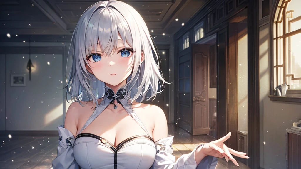 super high quality, with a girl, 20-year-old, very short hair, long bangs between the eyes, pale blue eyes , very detailed,(masterpiece、highest quality)、alone、gray hair、White skin as clear as snow、fantasy, silver hair, black eye, beautiful eyes,, ???????, charm, be smitten with audience, fantasyな風景、inside the house、white clothes